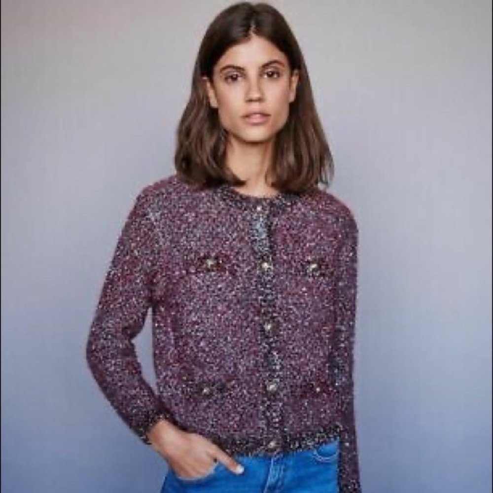 MAJE Women's KNIT LUREX FANCY Bordeaux cardigan, Size 1 (US S), NWT